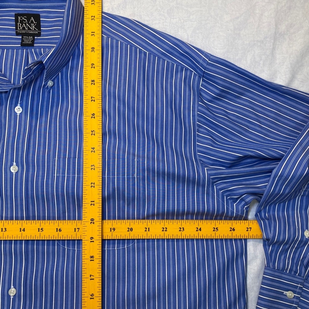 Jos A Bank Traveler Lot 3 Dress Shirts 17.5 34 Blue Check Stripe Cotton - Picture 11 of 16